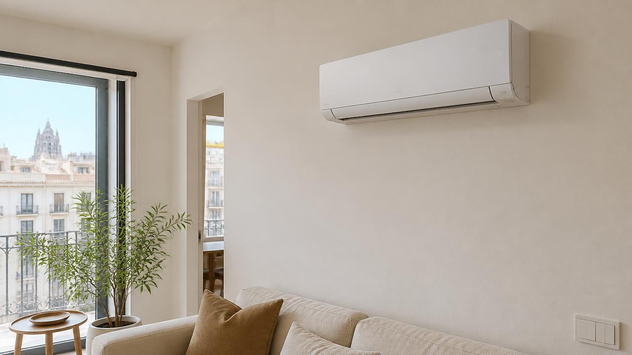Equipo split de aire acondicionado instalado en el salón de un piso de Barcelona — Hospitalet de Llobregat, Barcelona