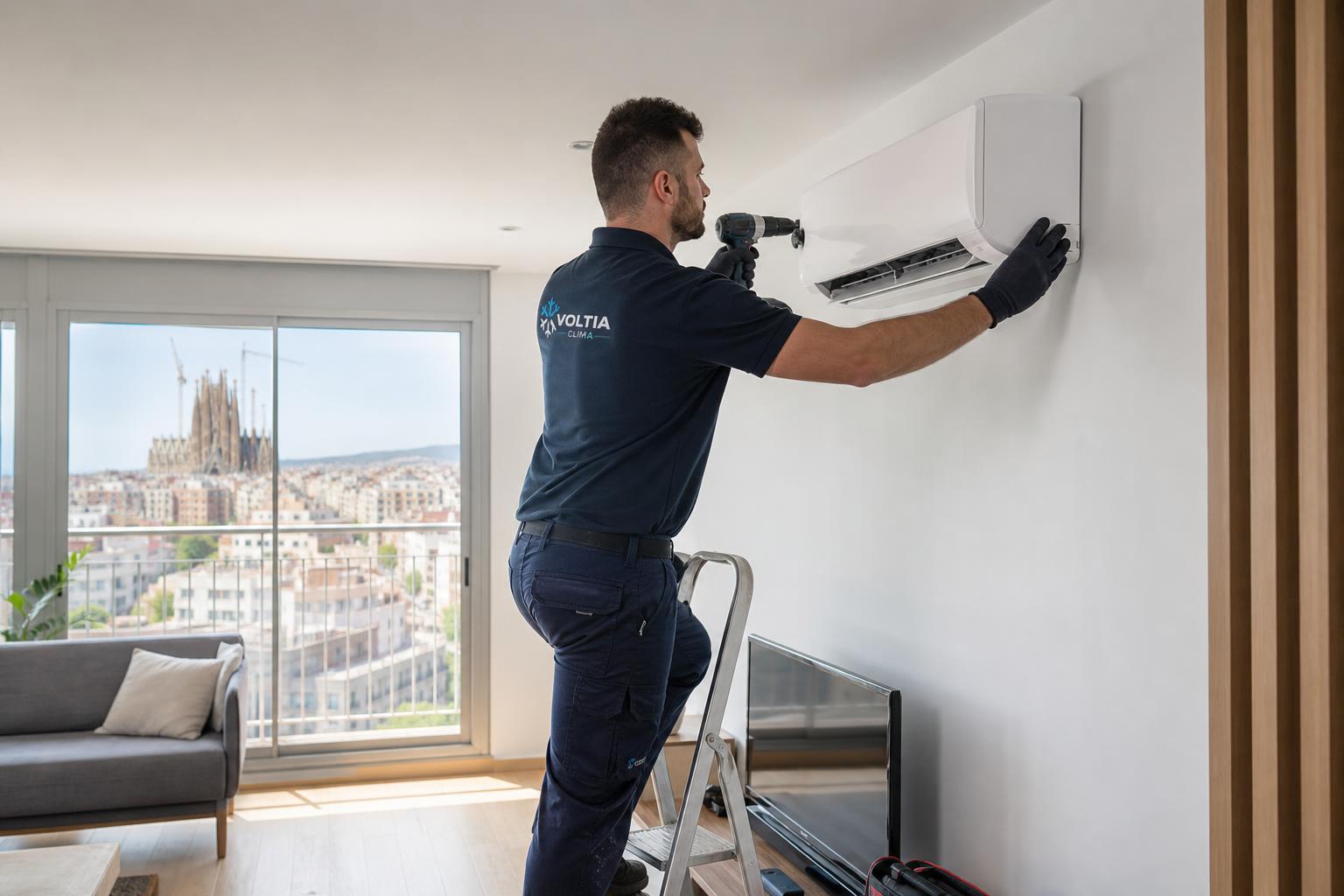 Técnico Voltia Clima instalando split en piso de Sarrià con vistas a la Sagrada Familia
